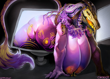 2_heads anthro antlers big_breasts black_body bone breasts butt electronics female flower_accessory hand_on_ground horn huge_breasts long_tail markings monitor multi_head neck_tuft nipple_piercing nipples piercing purple_body purple_eyes skull skull_head solo spiral_markings tail tail_tuft thick_thighs tongue tuft yellow_body yellow_eyes yellow_nipples yellow_tongue chichocm hi_res