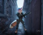 alley anthro armor clothing costume gun male ranged_weapon rifle solo street weapon brightphoenix foxforger aleskis_fox canid canine fox mammal