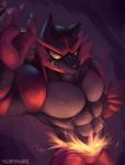 anthro black_body black_fur black_stripes fangs fire_belt fur green_eyes kemono male muscular muscular_anthro muscular_male pseudo_clothing red_body red_fur red_nose red_stripes solo stripes teeth nurinaki nintendo pokemon felid generation_7_pokemon incineroar mammal pokemon_(species) 2016