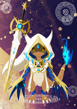 3_toes 4_fingers accessory ankle_warmers arceus_symbol blue_fire bottomless claws cloak clothed clothing colored_fire countershade_torso countershading cute_fangs digit_ring fangs feet finger_claws fingers fire flaming_tail forehead_gem furgonomics gem glowing glowing_eyes gold_(metal) hood jewelry long_sleeves looking_at_viewer male markings melee_weapon orange_body orange_scales oversized_clothing oversized_topwear ring scales shadowed_eyes shadowed_face solo sword tail tail_accessory tail_jewelry tail_ring teeth toe_claws toe_ring toes topwear topwear_only weapon yellow_eyes shadowsoulful nintendo pokemon pokemon_mystery_dungeon spike_chunsoft fan_character charmander generation_1_pokemon lizard pokemon_(species) reptile scalie 2026 absurd_res full-length_portrait hi_res portrait