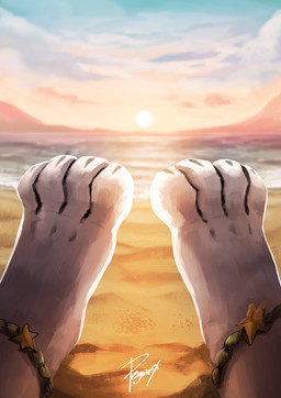 4_toes accessory ambiguous_gender barefoot blue_sky claws cloud faceless_ambiguous faceless_character feet foot_focus mountain orange_sky paws plantigrade sky solo sunset toes water white_body penguinexperience ambiguous_species hi_res signature