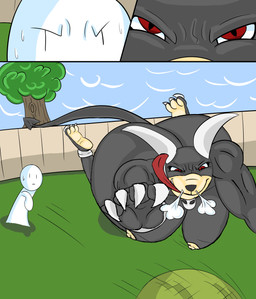 anthro anthrofied ball big_breasts big_butt black_body black_fur breasts bubble_butt butt female fur horn huge_butt larger_female muscular muscular_female nipples red_eyes size_difference tongue jmf32 nintendo pokemon anon canid canine generation_2_pokemon houndoom human mammal pokemon_(species) absurd_res comic hi_res