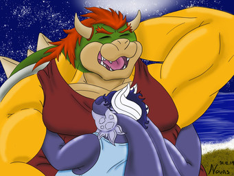 anthro beach blue_body blue_clothing blue_hair clothing duo female hair happy horn hug laugh male male/female moobs multicolored_body muscular night obese obese_female open_mouth overweight overweight_female pecs red_clothing shirt slightly_chubby slightly_chubby_female stars_in_hair tank_top topwear yellow_body pandanours mario_bros nintendo bowser komi_(fatty-sashimi) aquatic cetacean hybrid koopa mammal scalie whale_dragon 2020 4:3 digital_media_(artwork)