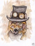 alternative_fashion ambiguous_gender black_nose clothing eyewear feral front_view fur hat headgear headwear logo monocle open_mouth orange_body orange_eyes orange_fur pink_tongue solo steampunk text tongue whiskers white_body white_fur kola_(artist) canid canine fox mammal 2014 artist_logo dated signature traditional_media_(artwork) url