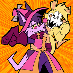 anthro duo female gesture hand_gesture jojo_pose machine magic_user pattern_background pointing pointing_at_viewer simple_background striped_background witch pembrokewkorgi jojo's_bizarre_adventure laffi_(pembrokewkorgi) american_opossum animatronic mammal marsupial robot 1:1 2022 hi_res meme