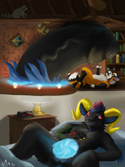 alarm_clock arm_tattoo bed big_penis book bookshelf clock destruction duo furniture genitals horn huge_penis inside lamp macro male open_mouth penis portal scared size_difference tattoo magpi bovid caprine goat mammal procyonid raccoon 3:4 hi_res