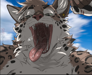 anthro barbed_tongue black_body black_fur blurred_background bodily_fluids brown_body brown_fur cloud detailed_background dripping drooling first_person_view fur green_eyes lidded_eyes looking_at_viewer male male_anthro markings mouth_shot multicolored_body multicolored_fur open_mouth saliva saliva_drip saliva_on_tongue saliva_string sharp_teeth sky solo spots spotted_body spotted_fur tan_body tan_fur teeth tongue tongue_out uvula whiskers voregence felid leopard mammal pantherine 2025 bust_portrait portrait