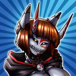 2_horns abstract_background black_cloak black_clothing black_sclera blue_background brown_hair cloak clothing dipstick_horn female grey_body hair hime_cut horn looking_at_viewer machine markings multicolored_horn noseless pattern_background red_markings simple_background solo teeth kontone humanoid robot robot_humanoid 1:1 bust_portrait digital_drawing_(artwork) digital_media_(artwork) portrait shaded signature soft_shading