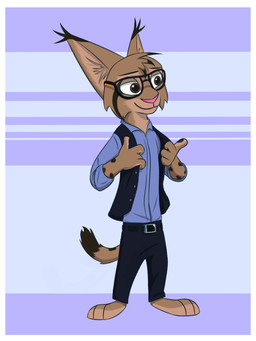 anthro barefoot belt black_spots border bottomwear brown_body brown_eyes brown_fur cheek_tuft clothing ear_tuft eyewear facial_tuft feet fur glasses head_tuft inner_ear_fluff male markings pants pattern_background pink_nose purple_background shirt simple_background smile solo spots spotted_body spotted_fur striped_background topwear tuft white_border theblueberrycarrots marc_(theblueberrycarrots) felid feline lynx mammal absurd_res hi_res