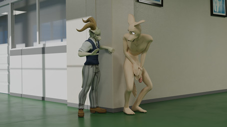 anthro balls big_penis bottomwear caught clothing covering covering_crotch covering_self duo embarrassed footwear genitals horn humanoid_genitalia humanoid_penis ineffective_cover male nude pants penis public public_nudity school_uniform shoes uniform derpyincognito crescentpapermoon_(modeler) enticia_(modeler) beastars jack_(beastars) pina_(beastars) bird_dog bovid canid canine canis caprine dall_sheep domestic_dog hunting_dog labrador mammal retriever sheep 16:9 3d_(artwork) blender_(artwork) digital_media_(artwork) hi_res widescreen