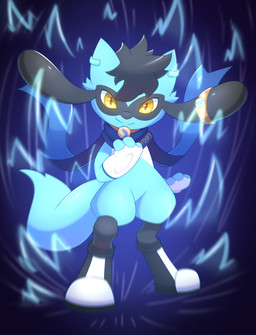 anthro aura boots clothing collar ear_piercing ear_ring energy footwear gloves handwear male piercing ring_piercing scarf shoes solo usv02 nintendo pokemon foofy_(foofybluedoggo) generation_4_pokemon pokemon_(species) riolu digital_media_(artwork) hi_res