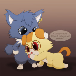 ambiguous_gender anthro balls bangs black_eyes butt chibi duo ear_piercing ear_ring eyewear fluffy fur genitals glasses grey_body grey_fur handjob imminent_oral imminent_sex male male/ambiguous open_mouth penile penis piercing red_eyes ring_piercing semi-anthro sex shota tapering_penis text yellow_body yellow_fur young young_ambiguous young_anthro young_male improbable_(artist) jewelpet sanrio sega sega_fave alex_(jewelpet) dian_(jewelpet) domestic_cat felid feline felis maine_coon mammal scottish_fold 1:1 english_text hi_res