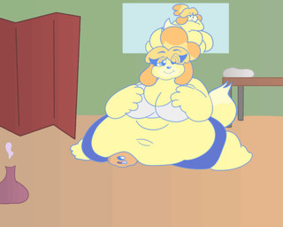 anthro belly big_butt blonde_hair blue_clothing brown_body brown_fur butt clothed clothing duo enjoying female fur hair male male/female navel obese obese_anthro obese_female orange_hair overweight overweight_anthro overweight_female raised_clothing tail yellow_body yellow_tail startlin animal_crossing nintendo super_smash_bros. isabelle_(animal_crossing) canid canine canis domestic_dog mammal 5:4 animated animated_gif low_res short_playtime
