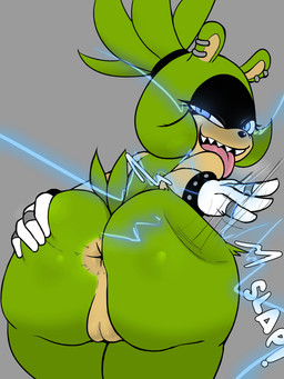 anthro anus big_butt biped black_nose blue_eyes bracelet butt butt_focus butt_ripples butt_slap clothing contact_onomatopoeia ear_piercing ear_ring electricity female female_anthro genitals gloves gloves_only green_body green_hair green_skin hair hand_on_butt hand_on_own_butt handwear handwear_only huge_butt impact_onomatopoeia jewelry looking_at_viewer looking_back looking_back_at_viewer mostly_nude narrowed_eyes onomatopoeia open_mouth piercing presenting presenting_hindquarters rear_view ring_(jewelry) ring_piercing simple_background slap slap_(sound_effect) slapping_own_butt slapping_self solo sound_effects spanking spread_butt spreading studded_bracelet studded_jewelry studs teasing text thick_thighs tongue tongue_out vulva white_clothing white_gloves white_handwear wide_hips bodyattk third-party_edit idw_publishing sega sonic_the_hedgehog_(comics) sonic_the_hedgehog_(idw) sonic_the_hedgehog_(series) surge_the_tenrec afrosoricid mammal tenrec 3:4 colored colored_sketch hi_res portrait sketch three-quarter_portrait