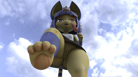 anthro anus armband armwear blue_hair bodily_fluids bottomless butt clothed clothing cloud dress egyptian egyptian_clothing feet female fingers food foot_fetish foot_focus genitals hair legband legwear looking_at_viewer looking_down looking_down_at_viewer open_mouth pawpads paws plantigrade popsicle saliva saliva_string shortstack shortstack_female sky soles solo tail toes tongue tongue_out upskirt uraeus vulva yellow_body uberpuber zy0n7_(modeler) animal_crossing nintendo ankha_(animal_crossing) domestic_cat felid feline felis mammal 16:9 2026 3d_(artwork) 4k absurd_res blender_(artwork) digital_media_(artwork) hi_res widescreen