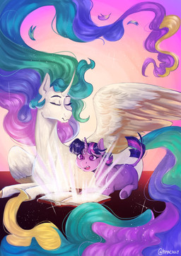 book duo eyes_closed female feral glowing_book horn sparkles star_eyes teeth tooth_gap wings young hiyacolly friendship_is_magic hasbro my_little_pony mythology princess_celestia_(mlp) twilight_sparkle_(mlp) equid equine mammal mythological_creature mythological_equine unicorn winged_unicorn hi_res