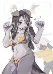 anthro bikini black_hair blue_eyes bodily_fluids breasts circle_eyebrows clothing dialogue duo eyebrows eyelashes eyes_closed female flying_sweatdrops fur gold_bikini grey_body grey_fur grey_highlights hair highlights_(coloring) navel sweat sweatdrop swimwear two-piece_swimsuit white_body white_fur milk_matchaex golden_week canid canine canis mammal 2025 hi_res