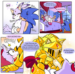 armor aroused bed bedroom belly blue_body blue_fur blue_quills blush blush_lines braided_hair cape clothed clothed_female clothed_male clothing color_coded color_coded_speech_bubble cuddling dialogue duo female flustered footwear fully_clothed fully_clothed_female fully_clothed_male fur furniture gem gloves gold_(metal) gold_armor hair handwear high_heels hug hugging_another hugging_from_behind knight knight_armor male male/female nervous pink_clothing pink_footwear pink_high_heels pinned_to_bed princess purple_body purple_fur purple_hair_tips purring quills_(anatomy) red_cape red_clothing red_forehead_gem red_gem red_gemstone red_hairband royalty shoes speech_bubble tan_arms tan_belly tan_inner_ear tan_mouth text treasure_chest warrior white_body white_clothing white_fur white_gloves white_handwear white_mouth yellow_eyes quavernsfw sega sonic_and_the_black_knight sonic_storybook_series sonic_the_hedgehog_(series) blaze_the_cat excalibur_sonic sonic_the_hedgehog domestic_cat eulipotyphlan felid feline felis hedgehog mammal 2026 absurd_res comic english_text hi_res multiple_scenes