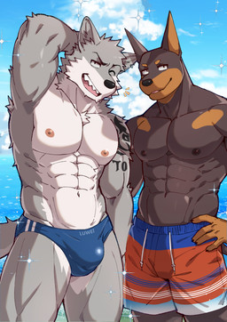 abs anthro beach black_body black_fur black_nose brown_body brown_fur bulge clothing duo ear_piercing fur grey_body grey_fur hand_behind_head kemono looking_at_viewer male male/male multicolored_body multicolored_fur muscular muscular_anthro muscular_male nipples one_eye_closed outside pecs piercing pointy_ears sea speedo swimming_trunks swimwear tattoo two_tone_body two_tone_fur water white_body white_fur wink winking_at_viewer luwei_(artist) canid canine canis dobermann domestic_dog mammal pinscher wolf