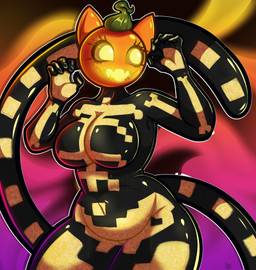 anthro big_breasts black_body breasts female for_a_head glowing glowing_eyes glowing_mouth golden_markings humanoid_hands long_tail looking_at_viewer markings pumpkin_head skeleton_(marking) slightly_chubby slightly_chubby_anthro slightly_chubby_female solo standing tail it_doodles epic_games fortnite fortnite:_battle_royale spice_(fortnite) object_head 2025 digital_drawing_(artwork) digital_media_(artwork) hi_res