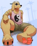 3_toes 4_fingers anthro athletic athletic_anthro athletic_male biceps biped ear_piercing ear_ring feet fingers looking_at_viewer male piercing ring_piercing solo toes tongue tongue_out yellow_eyes ankorthewolf canid canine canis domestic_dog mammal 2024 4:5 absurd_res hi_res