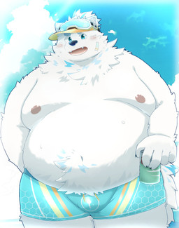 anthro bandage bandage_on_face belly blue_eyes blush bottomwear bulge clothing fur hat headgear headwear male moobs navel nipples outside overweight shorts solo visor_cap white_body white_fur kessin_pasuta menmen_kesinn lifewonders live_a_hero yohack canid canine canis domestic_dog mammal nordic_sled_dog samoyed spitz hi_res
