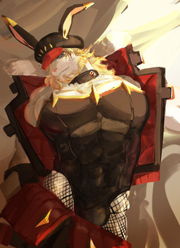 anthro blonde_hair blue_eyes bottomwear bottomwear_down braided_hair bulge clothed clothing collar femboy fishnet_clothing fishnet_legwear fur hair jacket legwear male muscular muscular_anthro muscular_male pants pants_down partially_clothed pecs skimpy solo topwear white_body white_fur sardinenguyen lifewonders live_a_hero astosis felid lion mammal pantherine hi_res