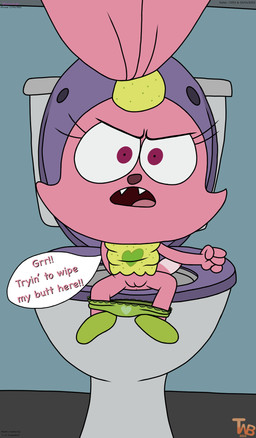 angry anthro bathroom caught_in_the_act clothed clothing clothing_lift dress dress_lift female genitals panties panties_down partially_clothed public_restroom restroom_stall sitting sitting_on_toilet solo toilet toilet_paper toilet_use underwear underwear_down vulva walk-in wiping wiping_butt yelling_at_viewer young young_anthro young_female thedispenser69 cartoon_network chowder_(series) panini_(chowder) lagomorph leporid mammal rabbit absurd_res hi_res
