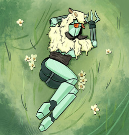 breasts butt female flower fur grass lying machine not_furry on_side plant pose presenting presenting_hindquarters robophilia solo suggestive_pose teal_body technophilia under_boob white_body white_fur wool_(fur) tokodama fallout microsoft imposter_sheepsquatch android assaultron_(fallout) bovid caprine humanoid mammal robot sheep hi_res pinup