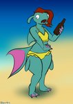 anthro bikini clothing female implied_transformation ruffled_bikini simple_background solo standing swimwear two-piece_swimsuit wide_hips yellow_bikini yellow_clothing yellow_swimwear halcy0n crema_(company) temtem marine pewki_(temtem) temtem_(species) hi_res