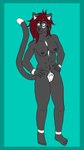 anthro black_body black_nipples blue_border border female fur fur_markings genitals grey_eyes hair markings muscular muscular_anthro muscular_female nipples pussy red_hair solo white_body quantum_lapiz farah_amalur domestic_cat felid feline felis mammal 9:16 hi_res herm_(lore)