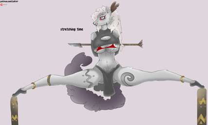 anthro athletic big_breasts bikini breasts clothing dominant dominant_female ear_piercing exercise eyebrow_piercing facial_piercing female fluffy fluffy_tail imminent_sex looking_at_viewer piercing red_eyes solo spread_legs spreading swimwear tail text thick_thighs tight_clothing tribal two-piece_swimsuit warpaint liafurr hellaverse helluva_boss loona_(helluva_boss) canid canine canis demon mammal wolf absurd_res hi_res url