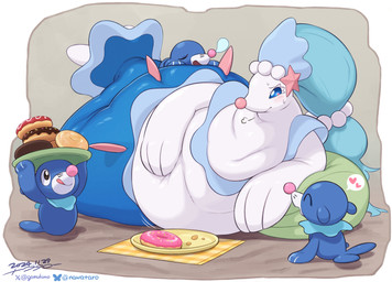^_^ air_puff ambiguous_gender blush blush_lines bodily_fluids bubble dessert doughnut eyes_closed fat_neck feeding feral food group heart_symbol holding_belly holding_food holding_object lying on_side overweight pastry smile snot snot_bubble speech_bubble sweat sweatdrop tongue tongue_out weight_gain gomuhimo nintendo pokemon generation_7_pokemon pokemon_(species) popplio primarina digital_drawing_(artwork) digital_media_(artwork) signature
