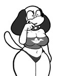 anthro breasts clothing collar eyelashes female navel open_mouth panties raised_tail simple_background solo spiked_collar spikes standing tail thick_thighs topwear underwear white_background lewdewott duck_hunt nintendo duck_hunt_dog huntress_(lewdewott) canid canine canis domestic_dog mammal 2025 digital_drawing_(artwork) digital_media_(artwork) monochrome