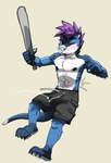 anthro bactover baseball_bat bat_(object) belly belly_squish blue_body blue_fur bodily_fluids clothing cum cum_in_clothing cum_in_pants cum_in_underwear cum_through_clothing cum_through_pants cum_through_underwear fur genital_fluids hair male purple_hair shirtless solo squish underwear wet wet_clothing wet_underwear