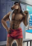 abs anthro athletic athletic_male biceps brown_body clothing inside locker locker_room looking_at_viewer male nipples pecs red_clothing red_swimming_trunks red_swimwear smile solo standing summer swimming_pool swimming_trunks swimwear towel towel_around_neck sevenarms equid equine horse mammal 2018 digital_media_(artwork)