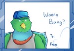 anthro beak blonde_hair blue_body blue_eyes blue_feathers card card_template clothing dialogue feathers green_body green_feathers hair hat headgear headwear heart_print heart_symbol holidays looking_aside male multicolored_body multicolored_feathers red_body red_feathers requesting sex_request shirt slightly_chubby smile solo tank_top text topwear valentine's_day_card wings custardalvis sihai's_legacy valentine's_day jorge_(sihai's_legacy) avian bird quetzal trogonid 2021 bust_portrait english_text hi_res portrait