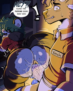 anal anal_penetration angry annoyed anthro big_butt big_penis bodily_fluids bottom_heavy brown_body brown_fur butt dialogue duo employee_uniform femboy freckled_face freckles fur genitals huge_butt humanoid_genitalia humanoid_penis male male/male male_penetrated male_penetrating male_penetrating_male name_tag penetration penile penile_penetration penis penis_in_ass profanity sex sweat sweatdrop tail tail_aside text thick_thighs unprofessional_behavior wide_hips doeswhatever miles_(inkaaay) deer domestic_ferret mammal mustelid musteline true_musteline weasel absurd_res english_text hi_res