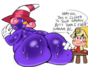 angry anthro armor bandage big_butt blonde_hair blush blush_lines blush_stickers bodily_fluids bow_tie butt clothing covered_eyes dialogue eyelashes feet female furniture gloves hair handwear hat headgear headwear helmet huge_butt long_eyelashes not_furry overweight overweight_anthro overweight_female pink_body pink_hair ponytail purple_body speech_bubble stool sweat sweaty_butt text tusks witch_hat reilulousbadulon mario_bros nintendo paper_mario goombella vivian_(mario) ghost goomba humanoid shadow_siren spirit 2025 digital_media_(artwork) english_text trans_(lore) trans_woman_(lore)
