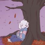 alternate_species ambiguous_gender anthro autumn autumn_leaves biped blue_clothing bottomwear clothing eyes_closed feet floppy_ears fur furrification head_tuft leaf lop_ears outside pants paws plant purple_background reclining simple_background sitting sleeping smile solo sweater toes topwear tree tuft white_body white_fur young petite-pumpkin undertale undertale_(series) frisk_(undertale) boss_monster_(undertale) bovid caprine mammal 1:1 2016 digital_media_(artwork)