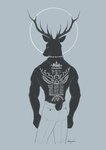 2_horns anthro back_tattoo barazoku horn male muscular muscular_anthro muscular_male rear_view shirtless shirtless_anthro shirtless_male solo standing tattoo shikayoshi sub20211115 deer mammal 2022 absurd_res hi_res