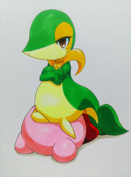 ambiguous_gender blush blush_lines brown_eyes clothing crossed_arms duo eyelashes footwear green_body leaf limp_tail lying markings neck_collar on_front pink_body red_clothing red_footwear red_shoes shoes short_legs simple_background sitting sitting_on_another snout tail tan_body unimpressed yellow_eyelids 025aki kirby_(series) nintendo pokemon kirby generation_5_pokemon pokemon_(species) snivy hi_res