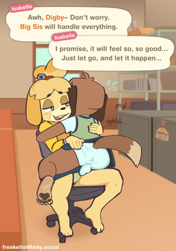 accessory anthro anus arms_around_partner balls blouse bodily_fluids bottomwear brown_body brown_fur butt chair chair_position claws clothed clothing clothing_lift crossdressing dialogue duo feet female finger_claws from_behind_position fur furniture genitals hair_accessory half-closed_eyes hand_on_back hand_on_butt imminent_feces imminent_urine jacket looking_away male male/female narrowed_eyes nervous office office_chair panties pawpads paws penis rear_view sex sitting skirt skirt_lift smug smug_face speech_bubble sweat sweatdrop tail toe_claws toes topwear underwear vest worried yellow_body yellow_fur freakette animal_crossing nintendo digby_(animal_crossing) isabelle_(animal_crossing) canid canine canis domestic_dog mammal shih_tzu toy_dog hi_res brother_(lore) brother_and_sister_(lore) incest_(lore) sibling_(lore) sister_(lore) twincest_(lore) twins_(lore)