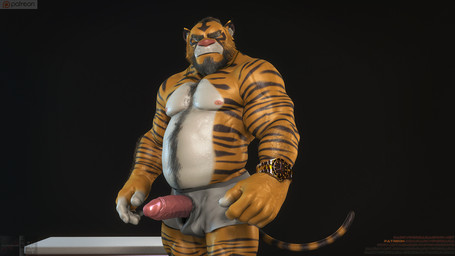 5_fingers anthro arm_hair beard biped black_background black_body black_fur black_stripes black_tail body_hair bottomwear boxer_briefs chest_hair clock clothed clothing countershade_torso countershading erection eyebrows facial_hair fingers front_view fur genitals glans grey_bottomwear grey_clothing grey_underwear happy_trail humanoid_genitalia humanoid_hands humanoid_penis looking_at_viewer male manly markings mature_anthro mature_male multicolored_body multicolored_fur multicolored_tail musclegut muscular nipples orange_body orange_fur orange_tail penis penis_poking_out penis_through_fly pink_nipples pink_nose pink_penis ring_(marking) ringed_tail simple_background solo standing striped_body striped_fur striped_markings striped_tail stripes tail tail_markings text thick_penis topless two_tone_tail underwear watch whiskers white_body white_countershading white_fur darkviperbara patreon gententora_tigerauge felid mammal pantherine tiger 16:9 2016 3d_(artwork) digital_media_(artwork) portrait three-quarter_portrait url watermark widescreen