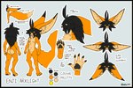 anthro belly big_ears big_tail black_border border charcoal_beans charcoal_tongue colour_pallette cream_chest diagram fluffy_chest fluffy_ears fur hair long_hair long_tail male nude orange_body orange_fur pawpads paws solo tail text yellow_eyes koeru enji_arklight canid canine fennec_fox fox hybrid mammal true_fox absurd_res digital_media_(artwork) english_text hi_res model_sheet