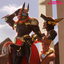 abs accessory anthro armor balls big_penis black_body black_skin bodily_fluids breasts clothed clothing cock_ring dark_body dark_skin detailed_background dripping duo egyptian erection female fist flashing gauntlets genital_fluids genitals gloves glowing glowing_eyes gold_(metal) gold_jewelry handwear jewelry looking_at_another male male/female muscular muscular_female muscular_male nipples outside partially_clothed pecs penis penis_accessory penis_jewelry piercing precum precum_drip red_eyes scar shoulder_pads standing tenting vermilionrenderworks blizzard_entertainment egyptian_mythology middle_eastern_mythology mythology overwatch anubis pharah_(overwatch) anubian_jackal canid canine canis deity human jackal mammal 1:1 3d_(artwork) absurd_res digital_media_(artwork) hi_res warm_colors
