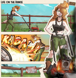 4_toes anthro black_claws black_clothing black_shirt black_tank_top black_text black_topwear blue_sky boots bottomwear breasts brown_body brown_boots brown_clothing brown_ears brown_eyewear brown_footwear brown_fur brown_goggles brown_hair brown_kerchief brown_neckerchief claws cleavage clothed clothing cloud day explosion eyewear eyewear_on_head feet female female_anthro fence fire flaming_hair floppy_ears footwear fur goggles goggles_on_head grass green_bottomwear green_clothing green_eyes green_pants hair hair_over_eye kerchief lawn_mower lawn_mowing logo medium_breasts multicolored_body multicolored_fur neckerchief neckwear open_mouth outside pants paws pink_nose pink_tongue plant pseudo_hair pupils scratches shirt shoes short_hair sky smoke snout solo sound_effects spiral spiral_eyes standing tail tank_top teeth text toe_claws toes tongue topwear torn_bottomwear torn_clothing torn_pants torn_tank_top tree two_tone_body two_tone_fur warning_sign white_body white_fur white_tail white_text posspowered grace_linde_(posspowered) canid canine canis domestic_dog foxhound hunting_dog mammal scent_hound 2026 absurd_res artist_logo comic english_text hi_res