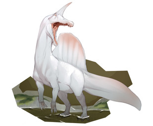 1_horn 3_fingers 4_toes ambiguous_feral ambiguous_gender biped bipedal_feral earhole feet feral fingers grey_body grey_scales horn long_neck moss multicolored_body multicolored_horn multicolored_scales open_mouth partially_submerged pink_body pink_horn pink_scales pink_sclera pink_tongue plant pupils rock sail_(anatomy) scales sharp_teeth snout solo standing tail teeth thick_tail toes tongue two_tone_horn water white_body white_eyes white_horn white_scales white_tail combos-n-doodles dinosaur prehistoric_species reptile saurischian scalie spinosaurid spinosaurus spinosaurus_mirabilis theropod 2026 absurd_res hi_res