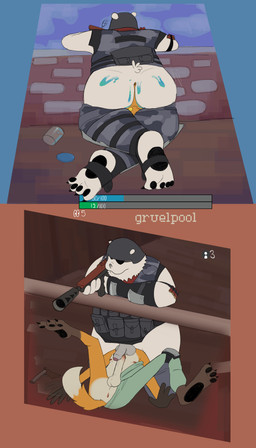 anthro big_butt big_penis butt duo face_in_ass facesitting feet foreskin fur gameplay_mechanics genitals gun male male/male overweight overweight_male penis ranged_weapon sitting sitting_on_another size_difference stirrup_legwear weapon gruelpool epic_games fortnite fennix_(fortnite) polar_patroller bear canid canine fox mammal polar_bear ursine absurd_res hi_res