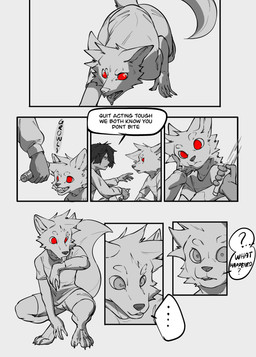 all_fours anthro base_three_layout blockage_(layout) disability duo fangs horizontal_blockage ill injection male mental_transformation seven_frame_image teeth text corginamedbruno carlos_(mori) isaac_(mori) canid canine fox human mammal absurd_res comic english_text hi_res